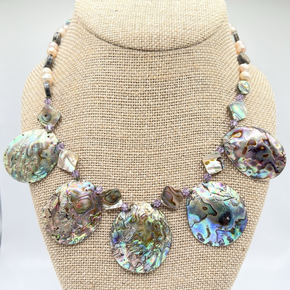 Vintage Iridescent‎ Abalone Shell Paua Freshwater Pearl Bib Necklace 16"